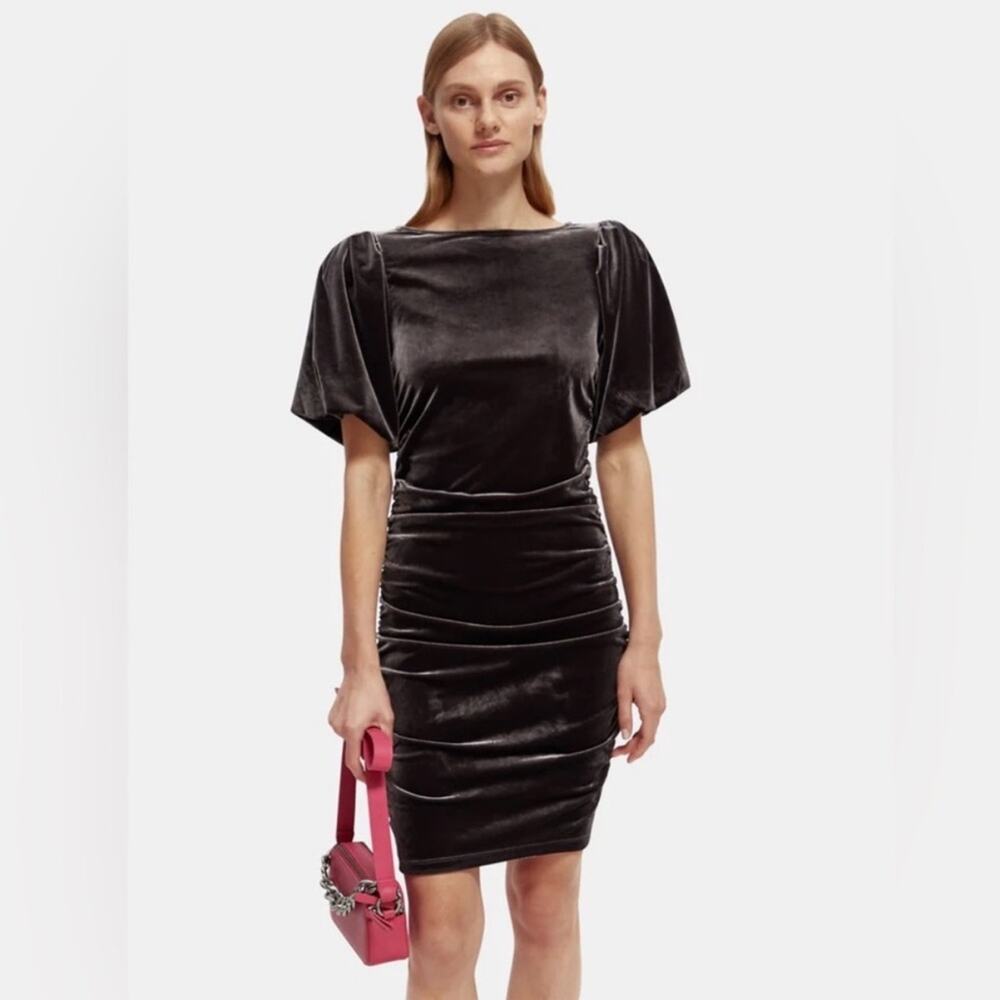 Scotch & Soda | Velvet Ruched Mini Dress Short Puff Sleeves Charcoal Gray Large
